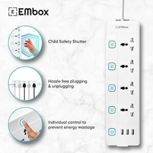 mos EMBOX 10A Extension Board with USB Port- 4 Universal Sockets and 3 USB (2.4 A) Charging Ports with Indicator, 2500W Heavy Duty Cable, 250 Volts (2 Meter Cable)